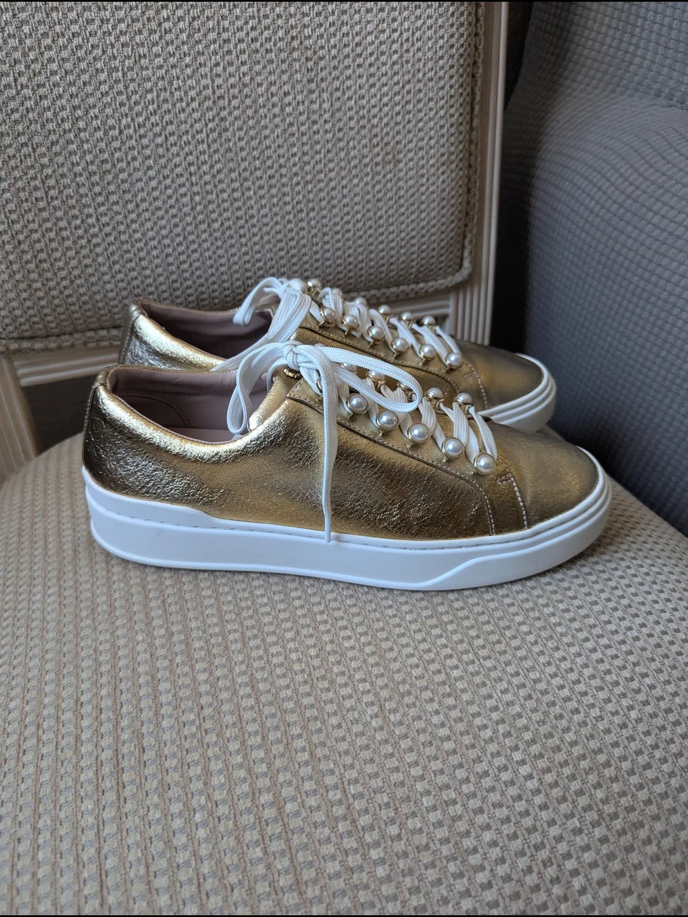 Stuart Weitzman Metallic Gold Pearl-Trim Sneakers